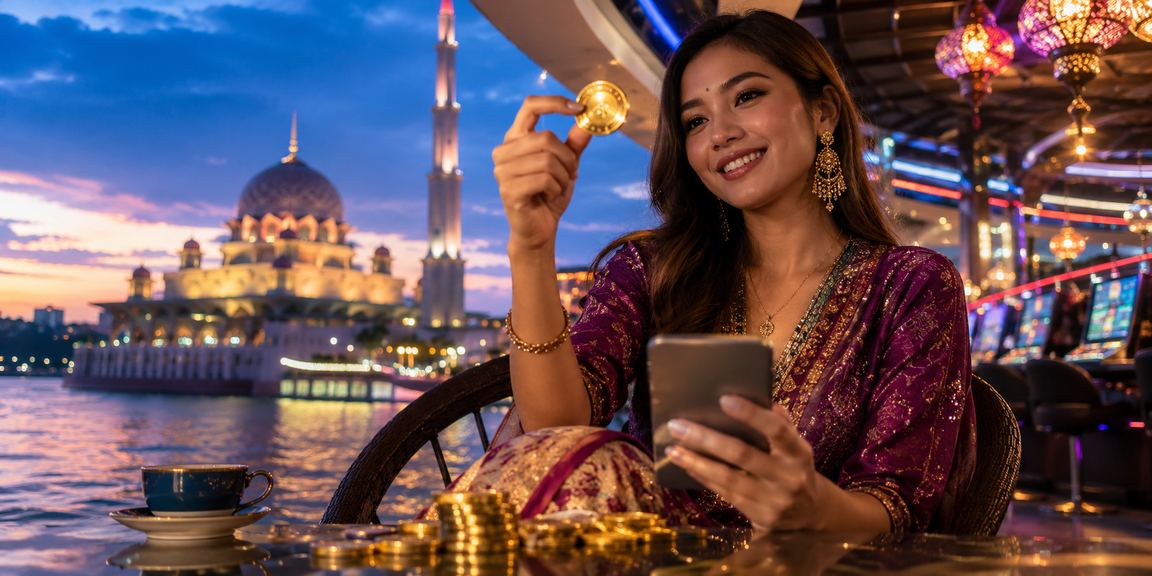 Pemain kasino mudah alih di Putrajaya memainkan slot video dalam talian menggunakan telefon pintar